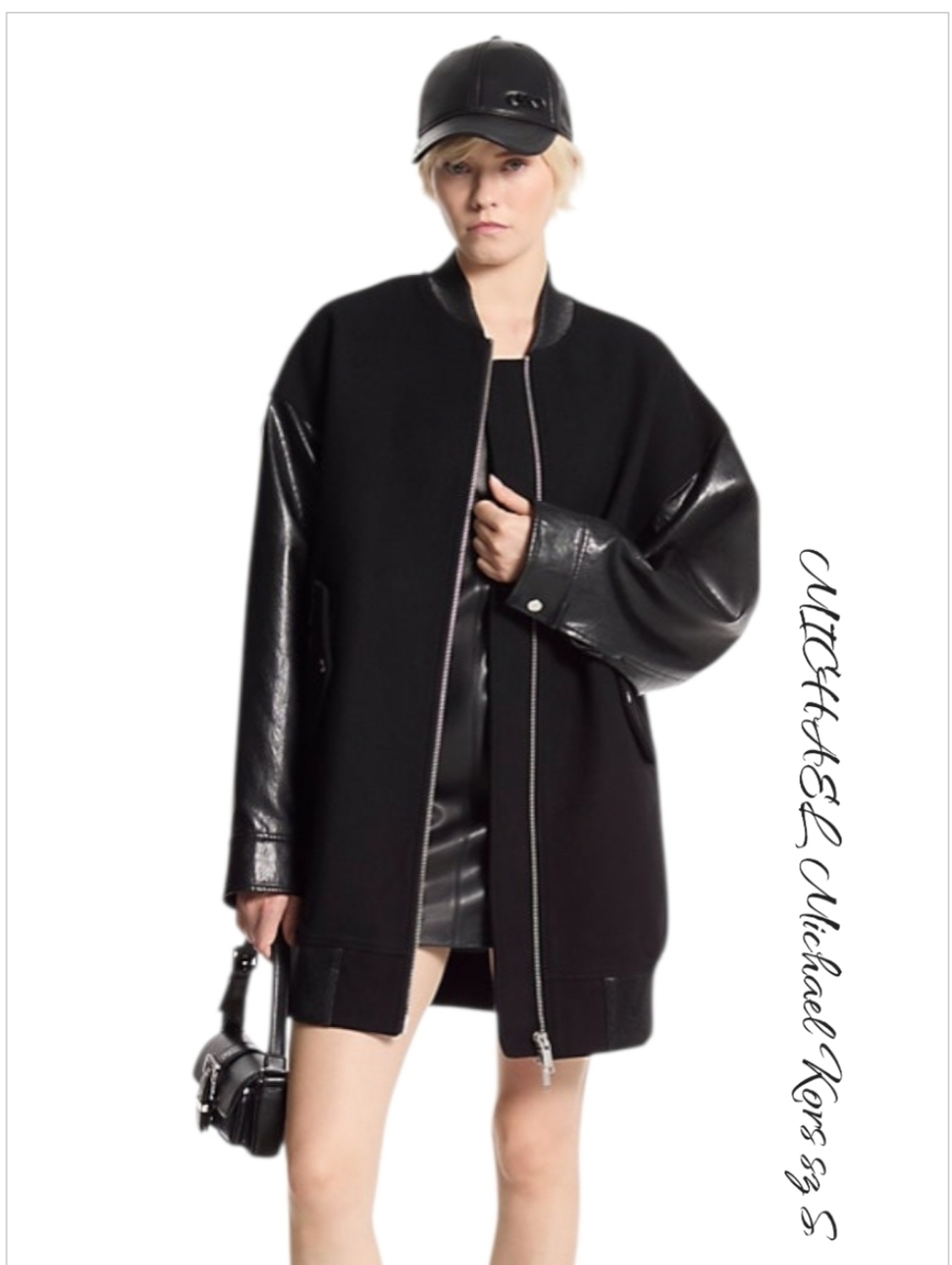 NWT Michael Kors Black Oversized Mixed Media Faux Leather Bomber Jacket S